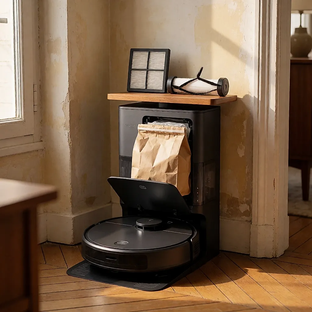 Station de vidange automatique ouverte avec sac plein, filtre et rouleau de rechange rangés sur une étagère