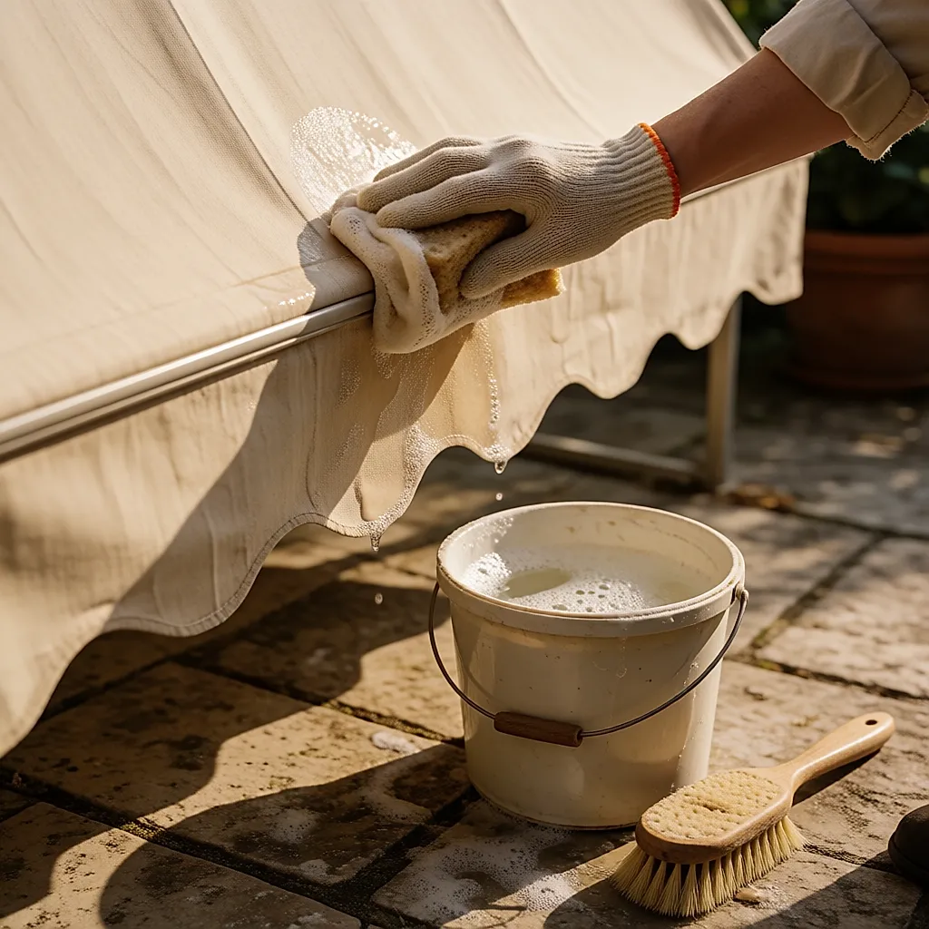 Éponge et savon doux sur la toile d'un store banne, seau d'eau tiède à proximité