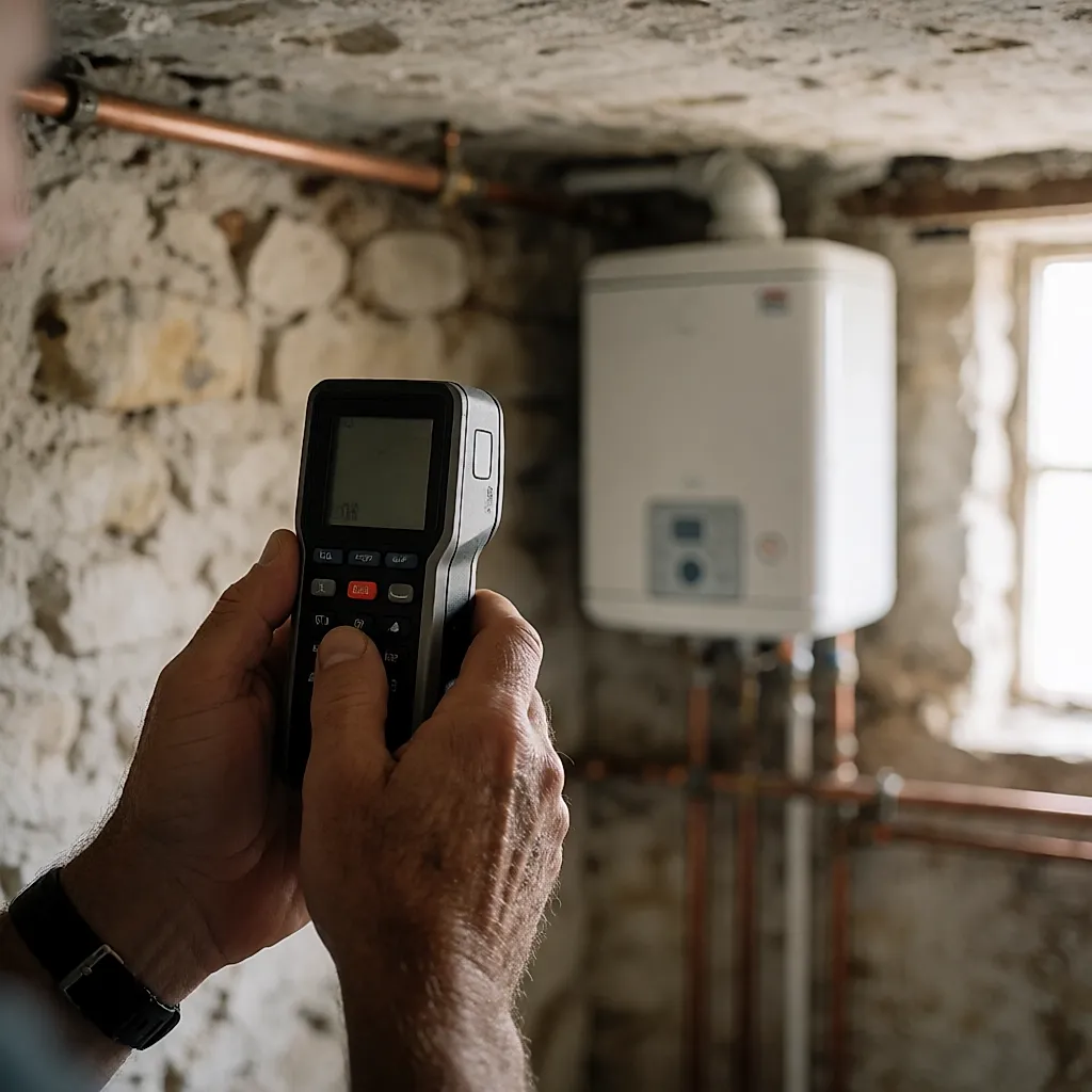 Mains tenant un télémètre laser pour vérifier la hauteur sous plafond d'un local technique