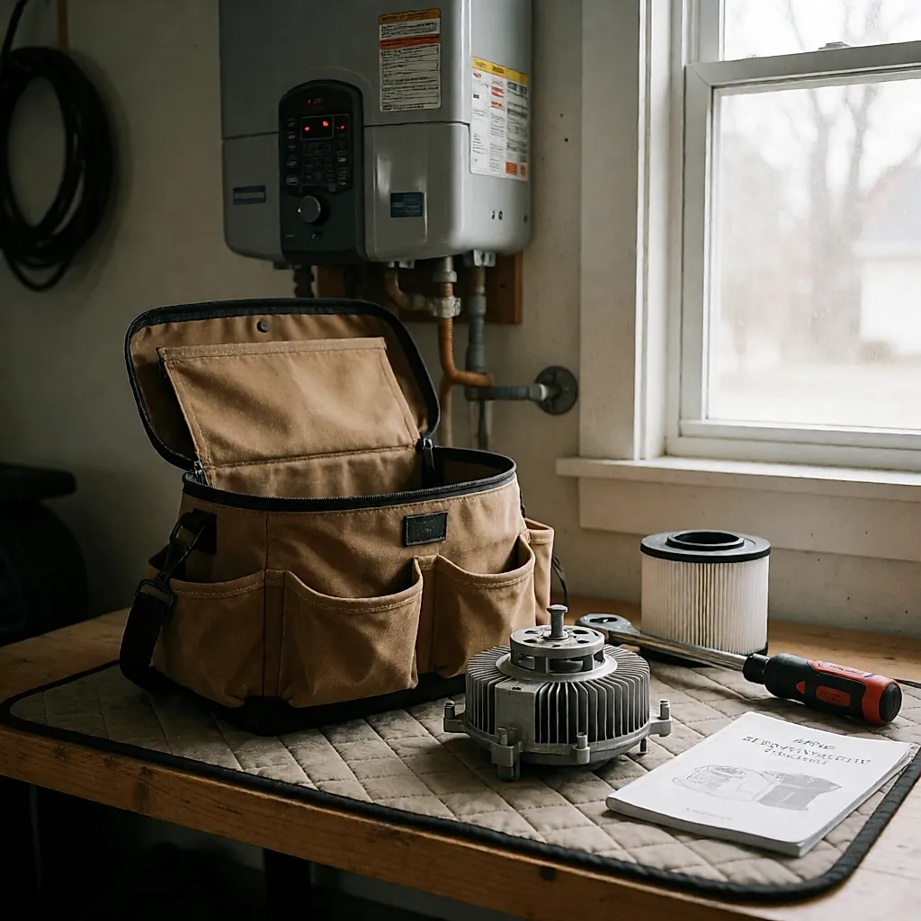 Kit d'intervention avec ventilateur de rechange devant un chauffe-eau thermodynamique