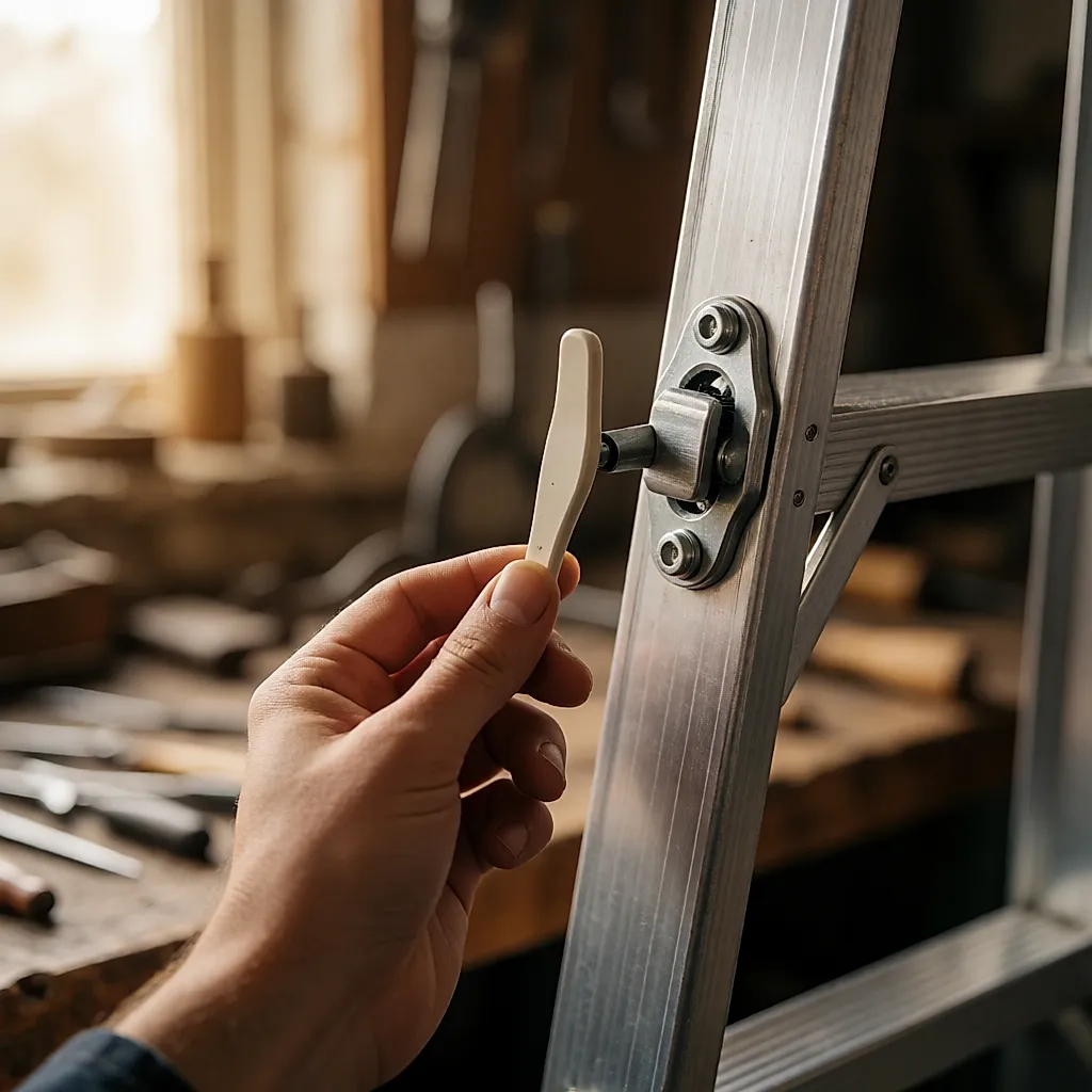 Main vérifiant le verrou à cliquet d'une articulation d'échelle transformable