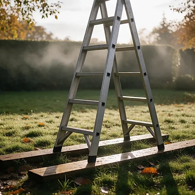 Choisir une échelle de jardin stable plutôt que haute, sur un sol irrégulier d'automne
