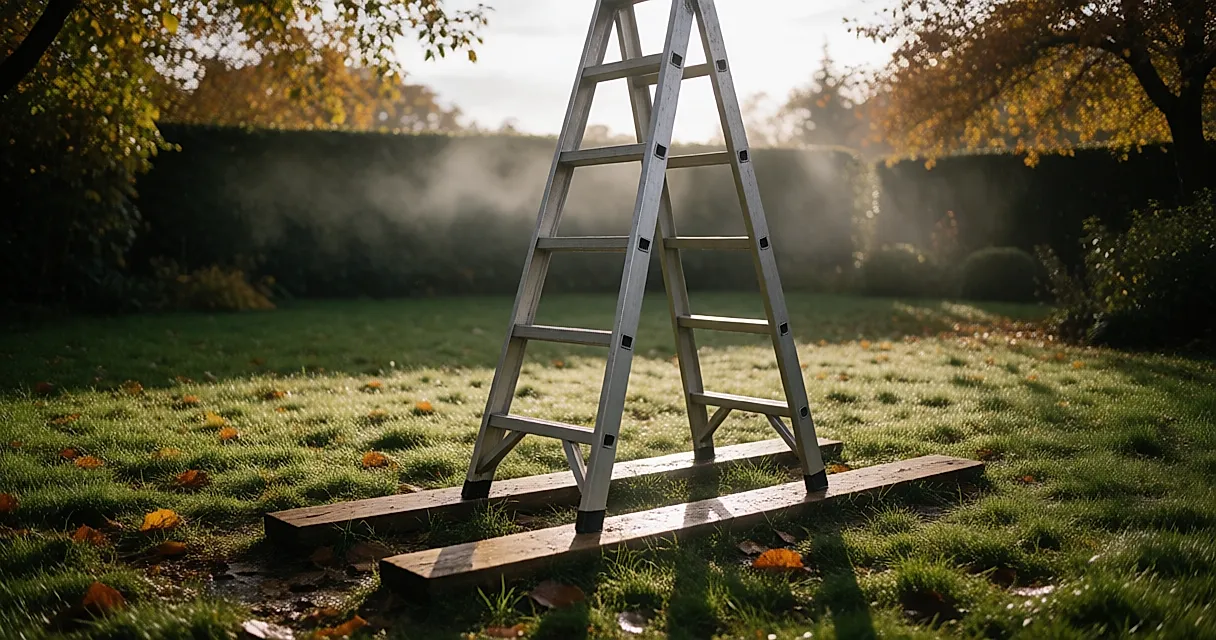 Choisir une échelle de jardin stable plutôt que haute, sur un sol irrégulier d'automne