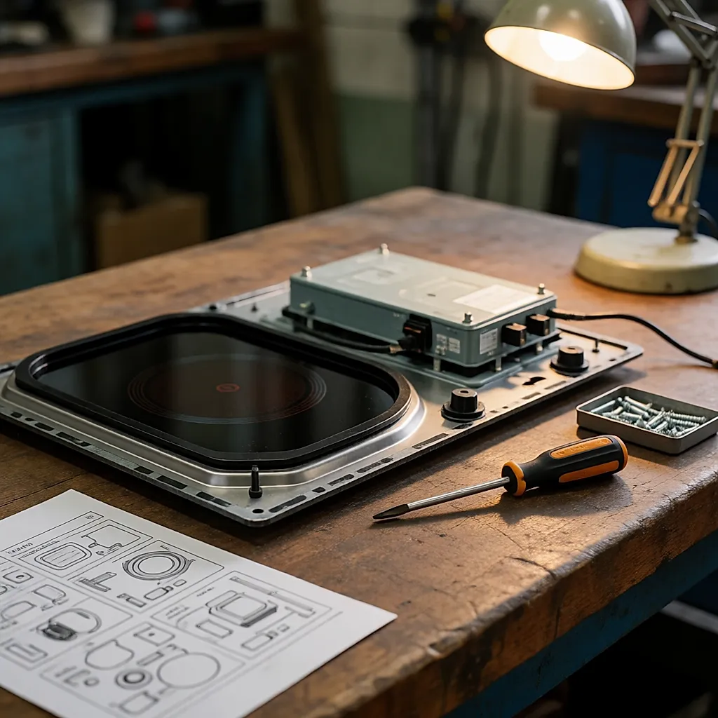 Module induction démonté sur un établi avec plaque de verre et module de puissance visibles