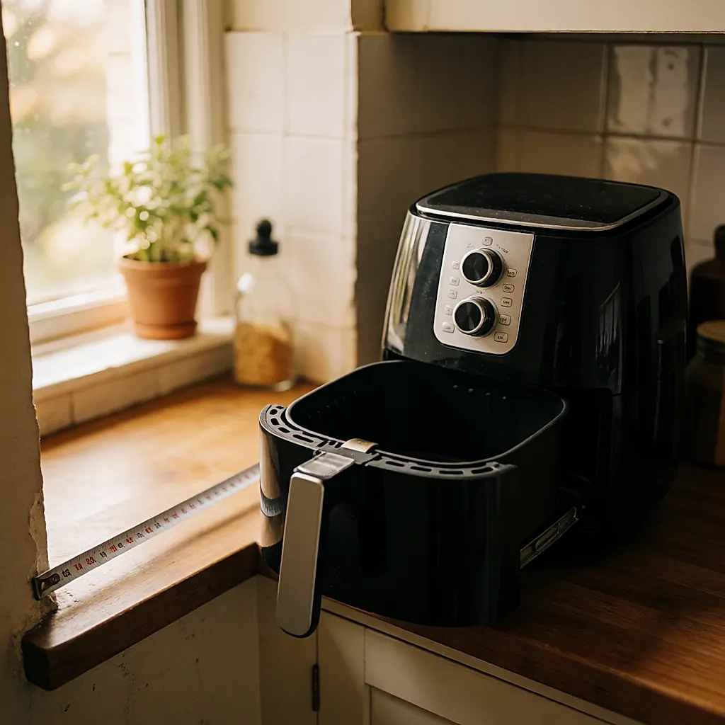 Mètre ruban sur une niche ouverte, tiroir de l'airfryer sorti pour vérifier le dégagement