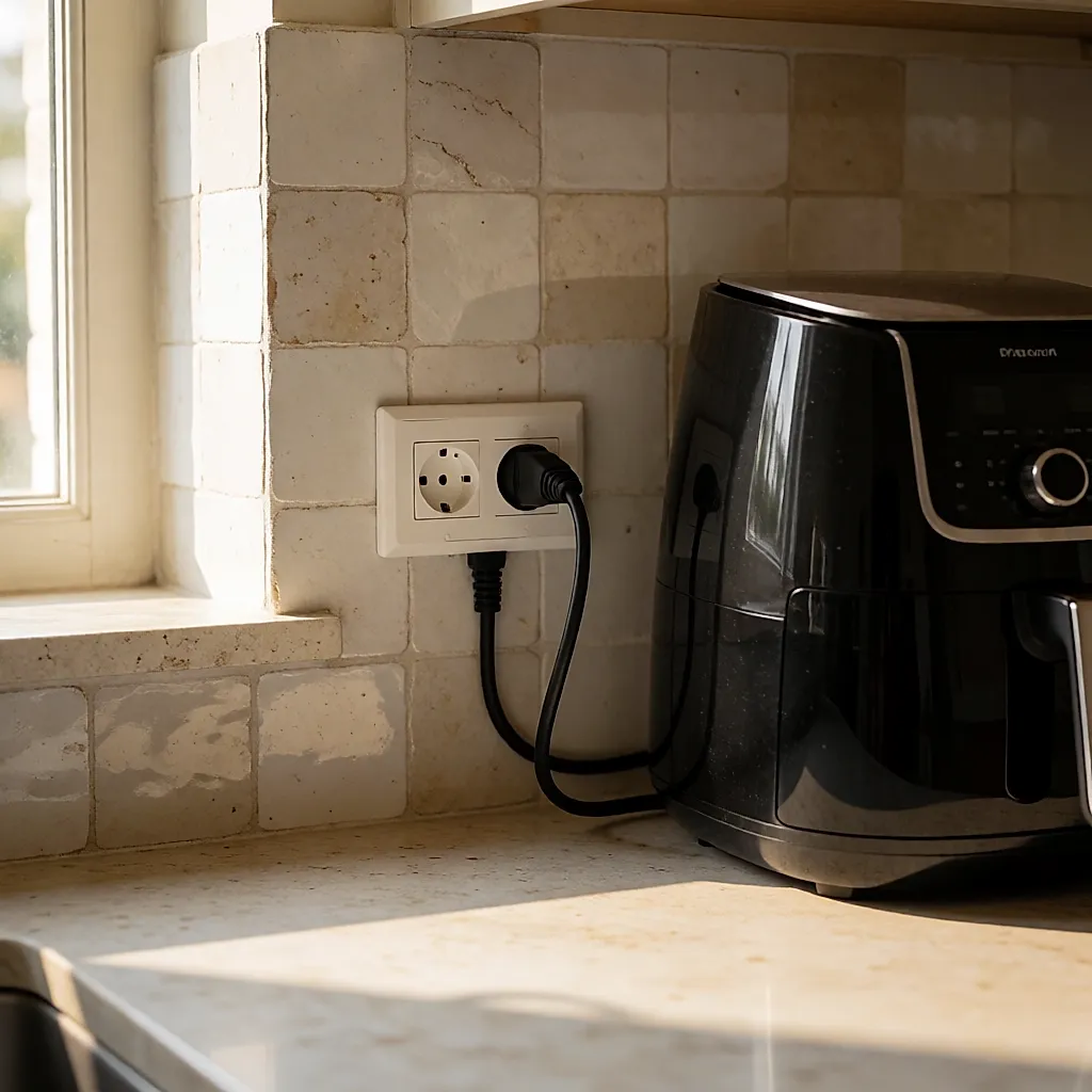 Prise murale dédiée près du plan de travail avec l'airfryer branché