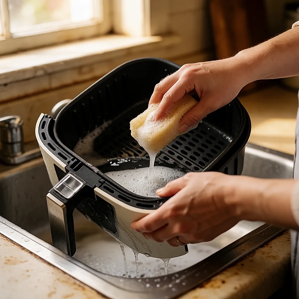 Mains lavant à l'éponge le panier antiadhésif de l'airfryer dans l'évier