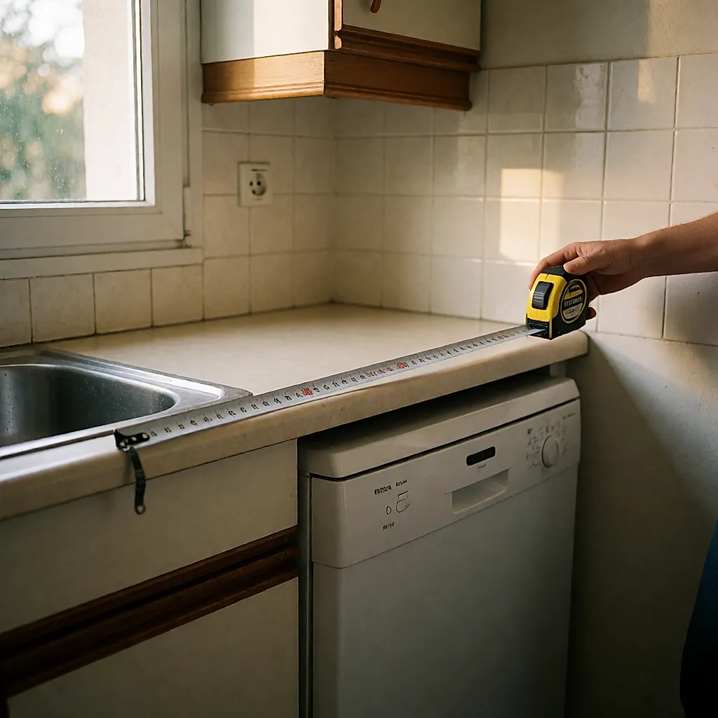 Un mètre ruban déployé sur le plan de travail mesure la largeur disponible sous les meubles hauts