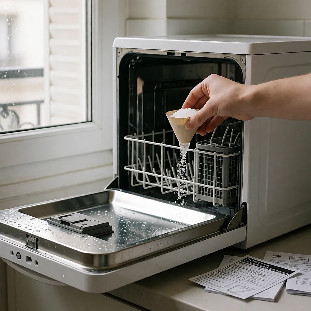 Une main verse du sel dans le réservoir d'un lave-vaisselle de table, notice et étiquette énergie posées à côté