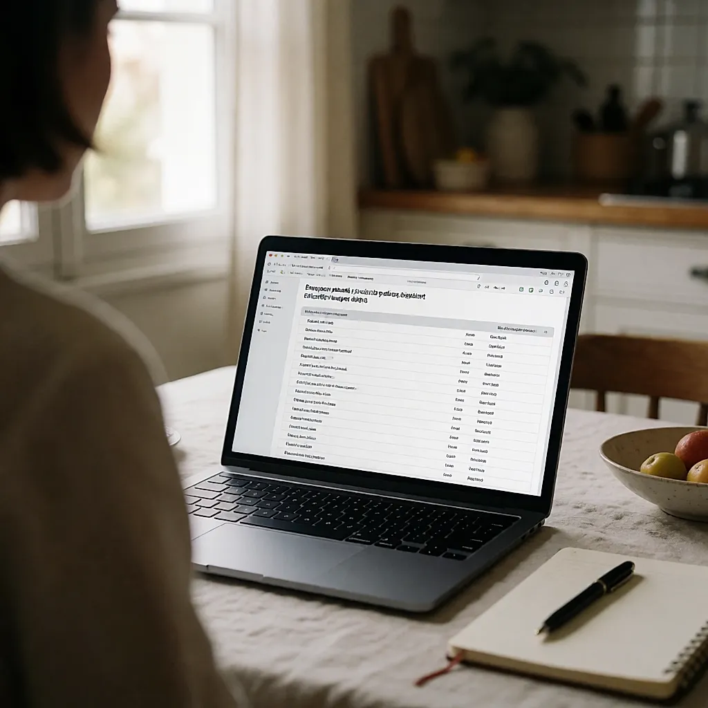 Consultation d'un portail d'alertes produits sur un ordinateur portable posé sur une table