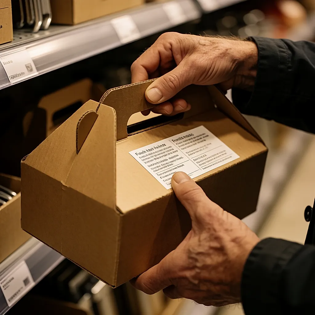 Mains retournant un emballage d'outil pour lire la notice et l'adresse de l'importateur