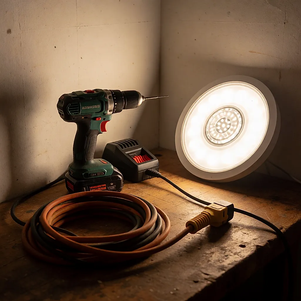 Perceuse, chargeur et luminaire LED posés sur un établi en atelier