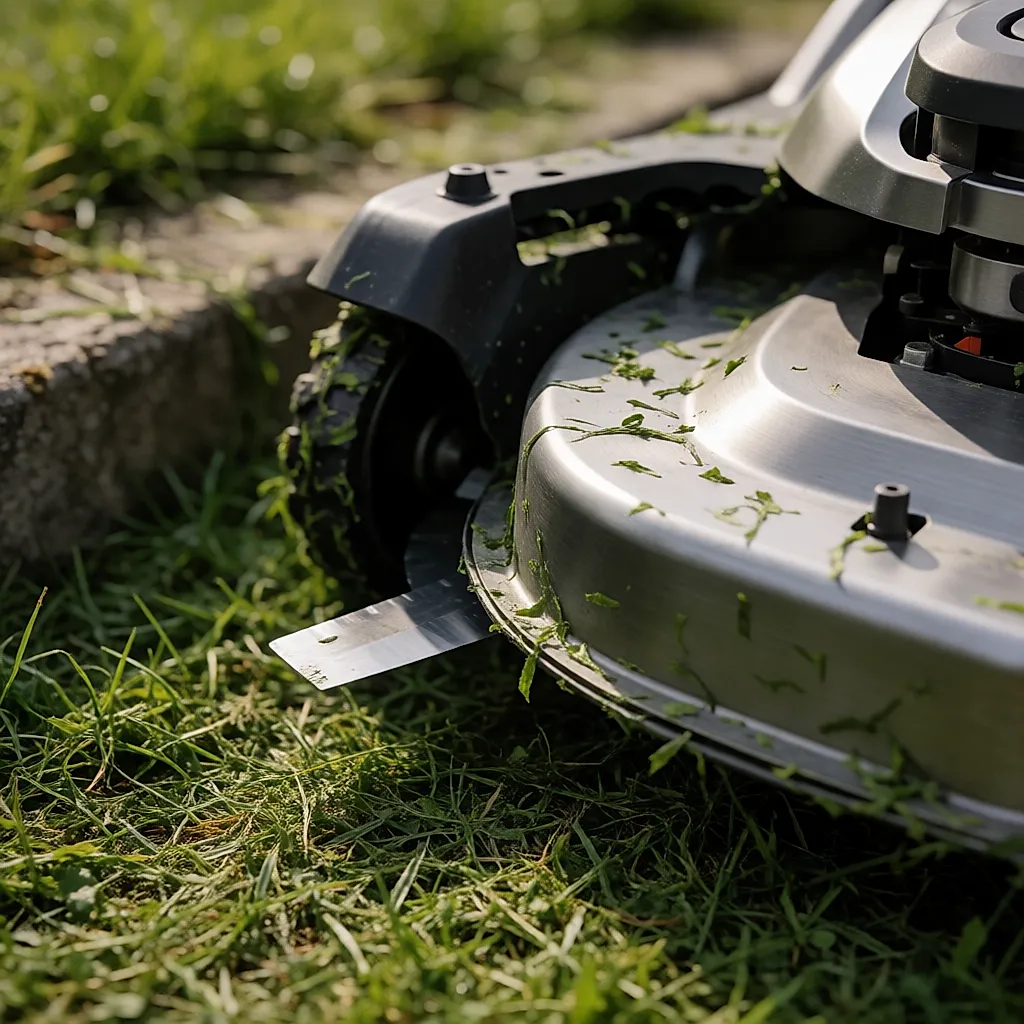 Détail du carter d'un robot-tondeuse avec lame déportée vers l'extérieur