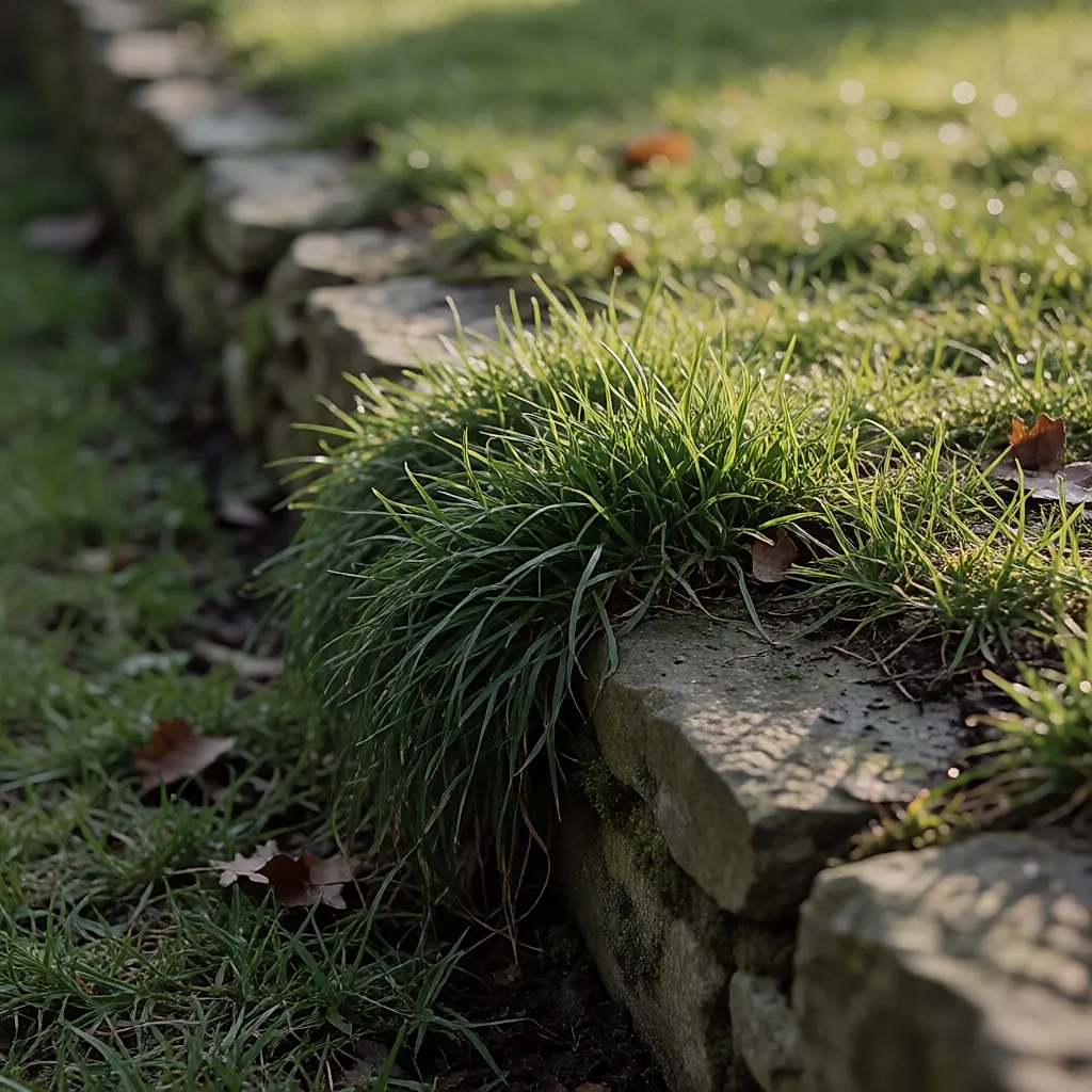 Touffe d'herbe dense le long d'un muret au printemps