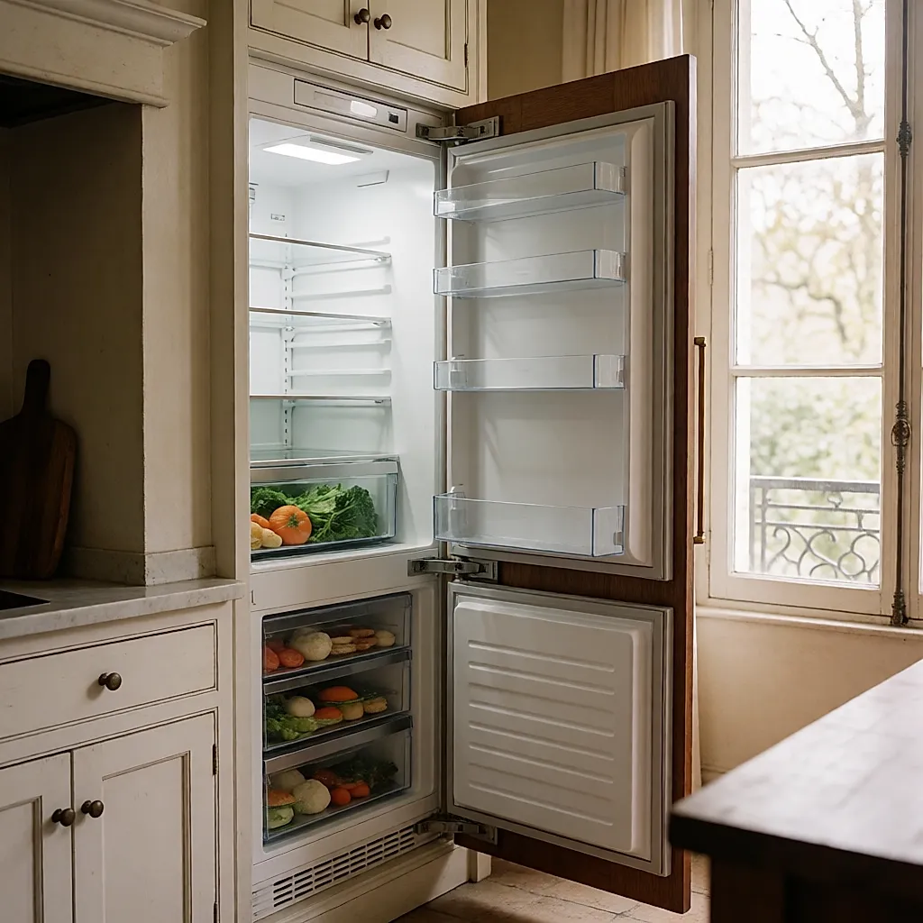 Intérieur d'un frigo encastrable de grande hauteur, porte de meuble ouverte, compartiment fraîcheur visible