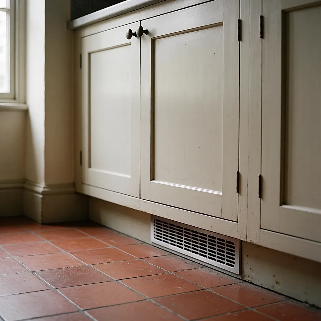 Grille de ventilation en plinthe sous un meuble de cuisine encastrant un réfrigérateur
