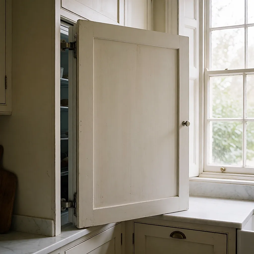 Façade de porte de frigo ouverte à 90° avec l'écart de débattement visible près du plan de travail