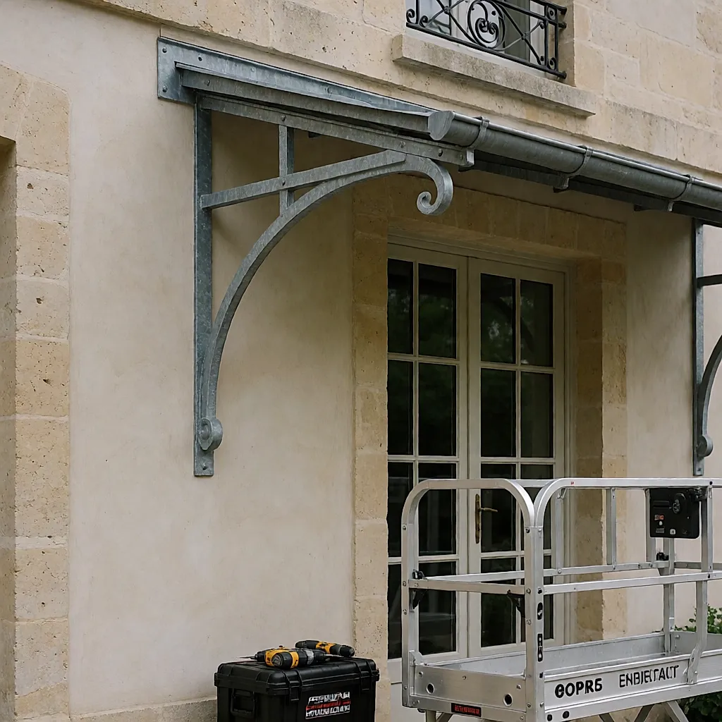 Support de store banne fixé en façade, chantier équipé d’une plateforme stable