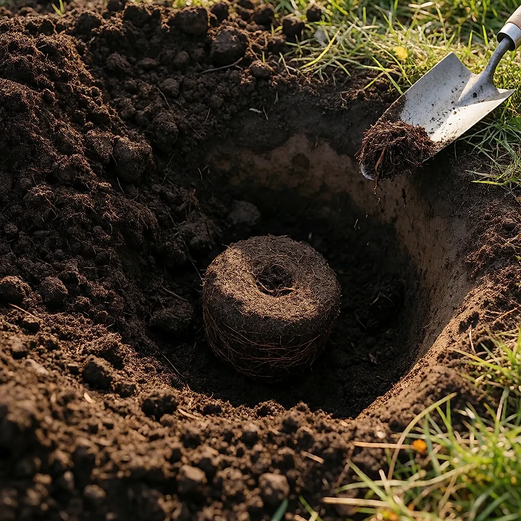 Trou de plantation large avec une motte posée au bon niveau, collet affleurant le sol