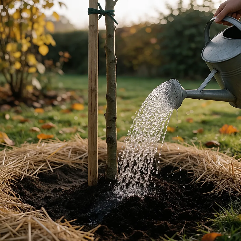 Arrosage copieux au pied d'un jeune arbre fraîchement planté, tuteur et paillage visibles