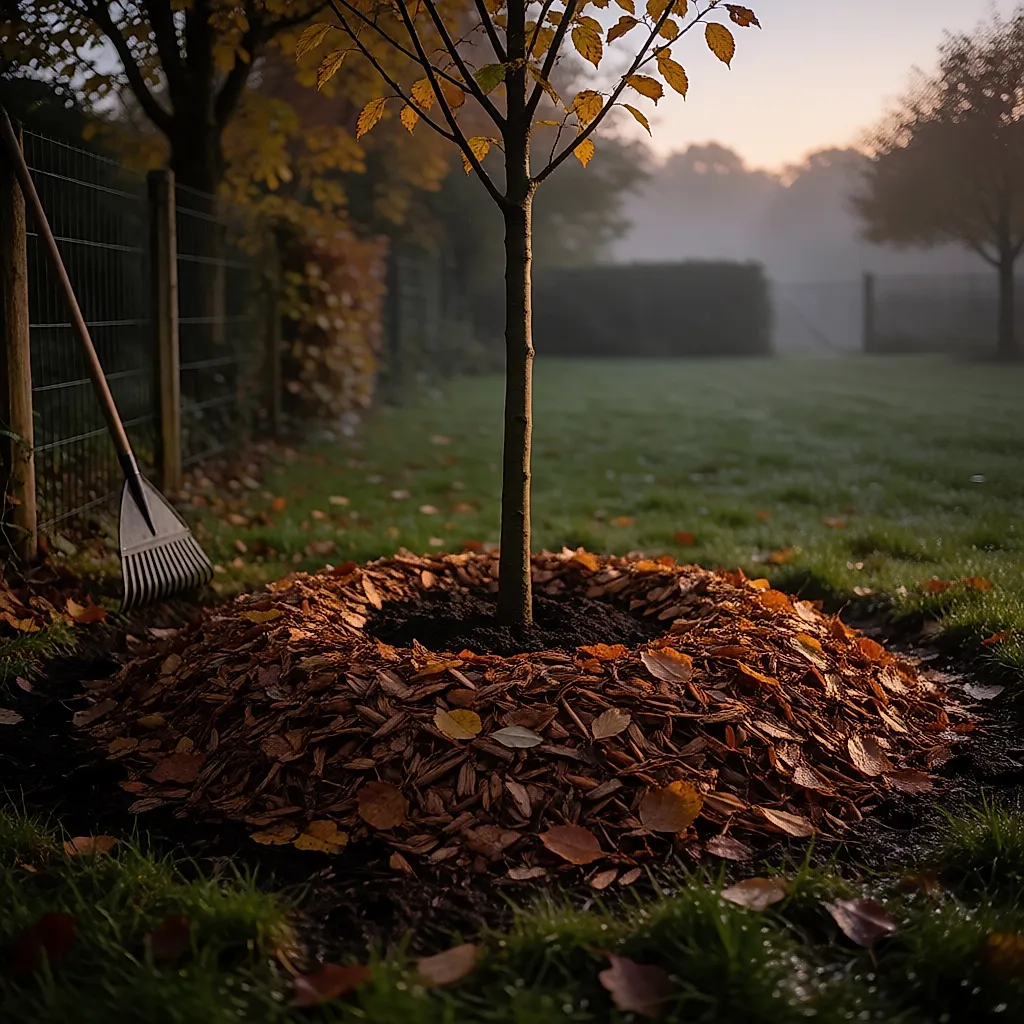 Jeune arbre planté entouré d'un paillage épais, collet dégagé, dans un jardin d'automne