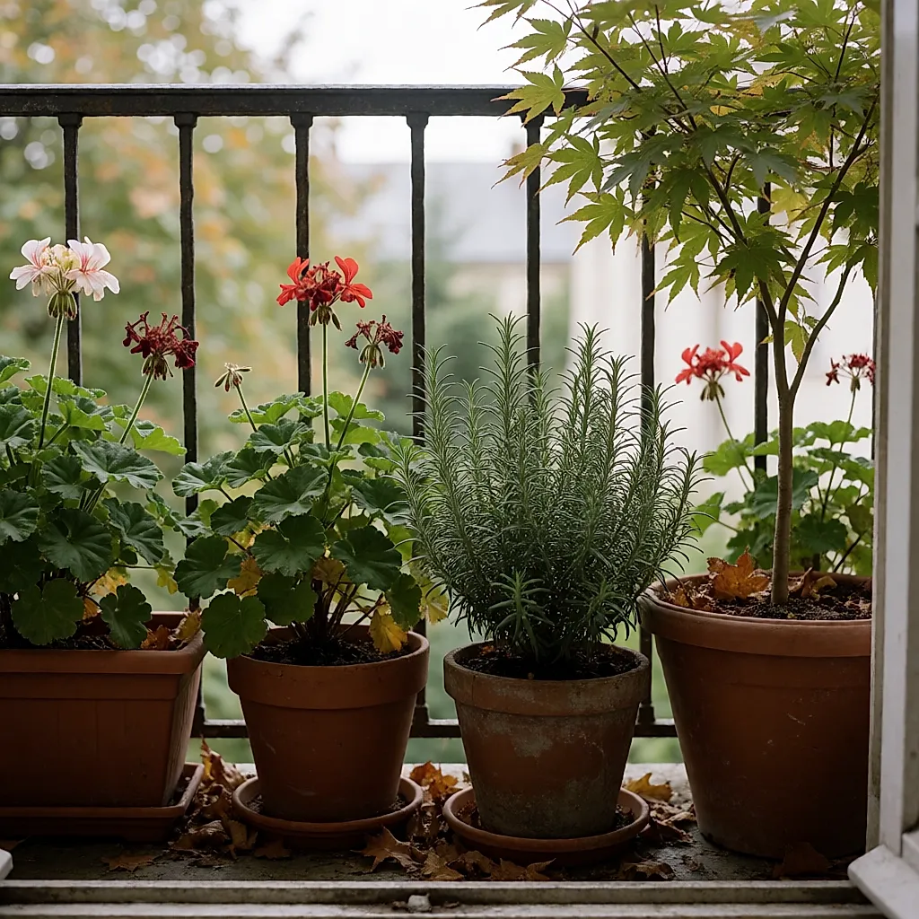 Jardinières de balcon en fin de saison, géraniums défleuris et petit érable dans son bac nord