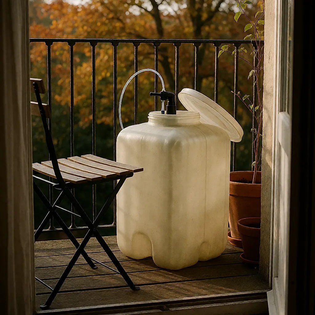 Réservoir autonome d'une dizaine de litres posé sur un balcon, pompe immergée et capillaires sortant du bac