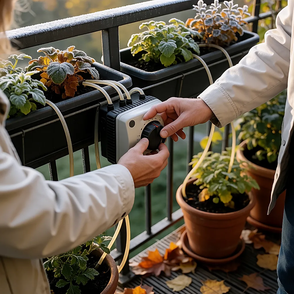 Mains réglant la molette d'un programmateur à pile sur un balcon par une matinée froide
