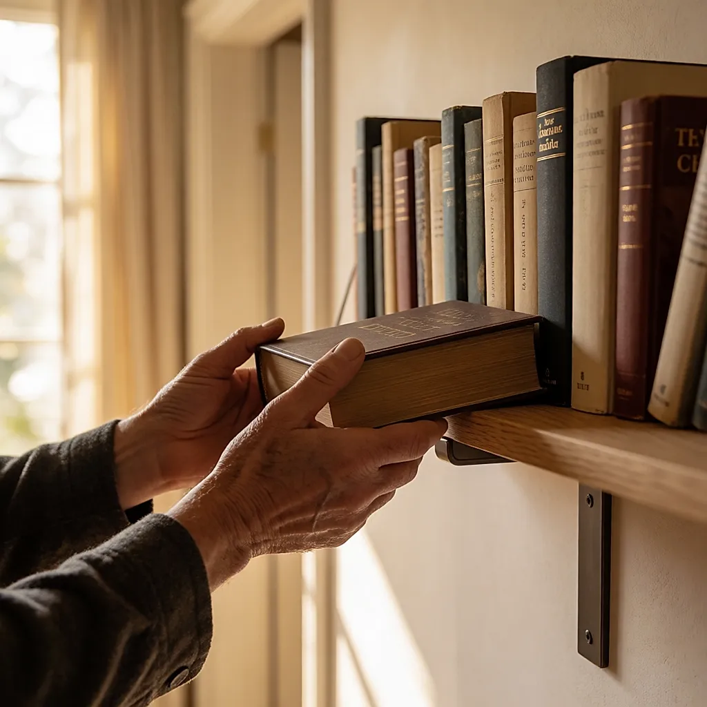 Mains posant un dictionnaire au droit d'une équerre sur une étagère en chêne