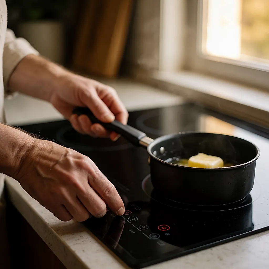 Mains réglant les commandes tactiles d'une plaque induction avec une casserole en train de fondre