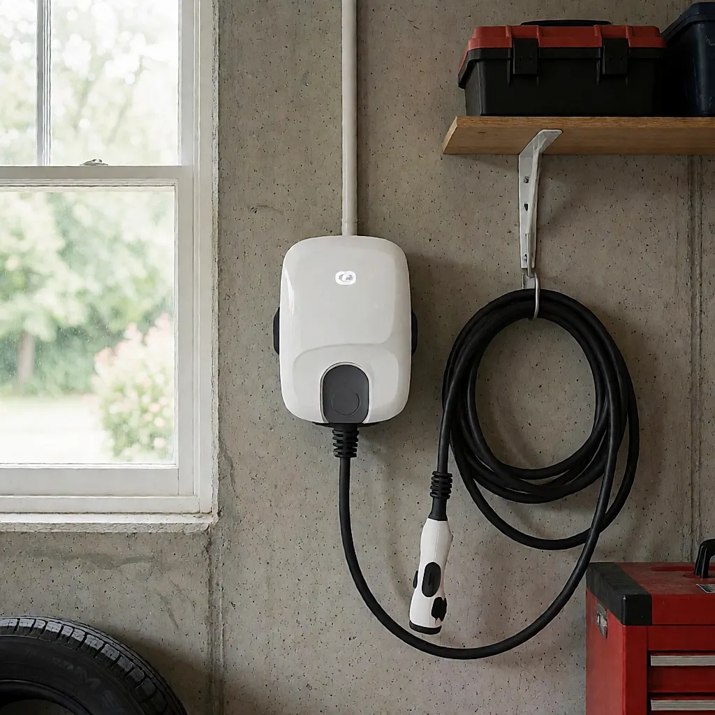 Borne de recharge murale monophasée installée dans un garage, câble rangé sur son support