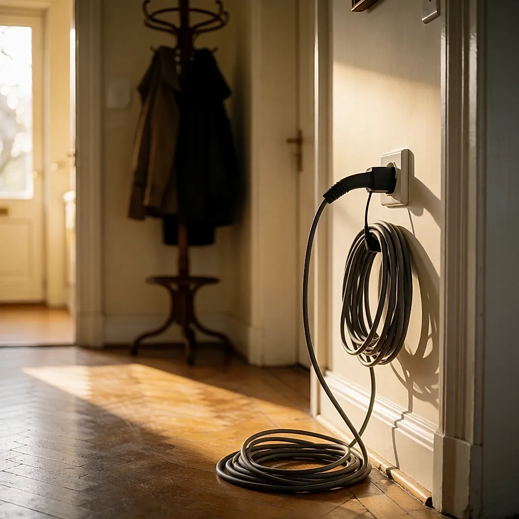 Prise électrique murale dans un couloir avec la fiche d'un aspirateur branchée
