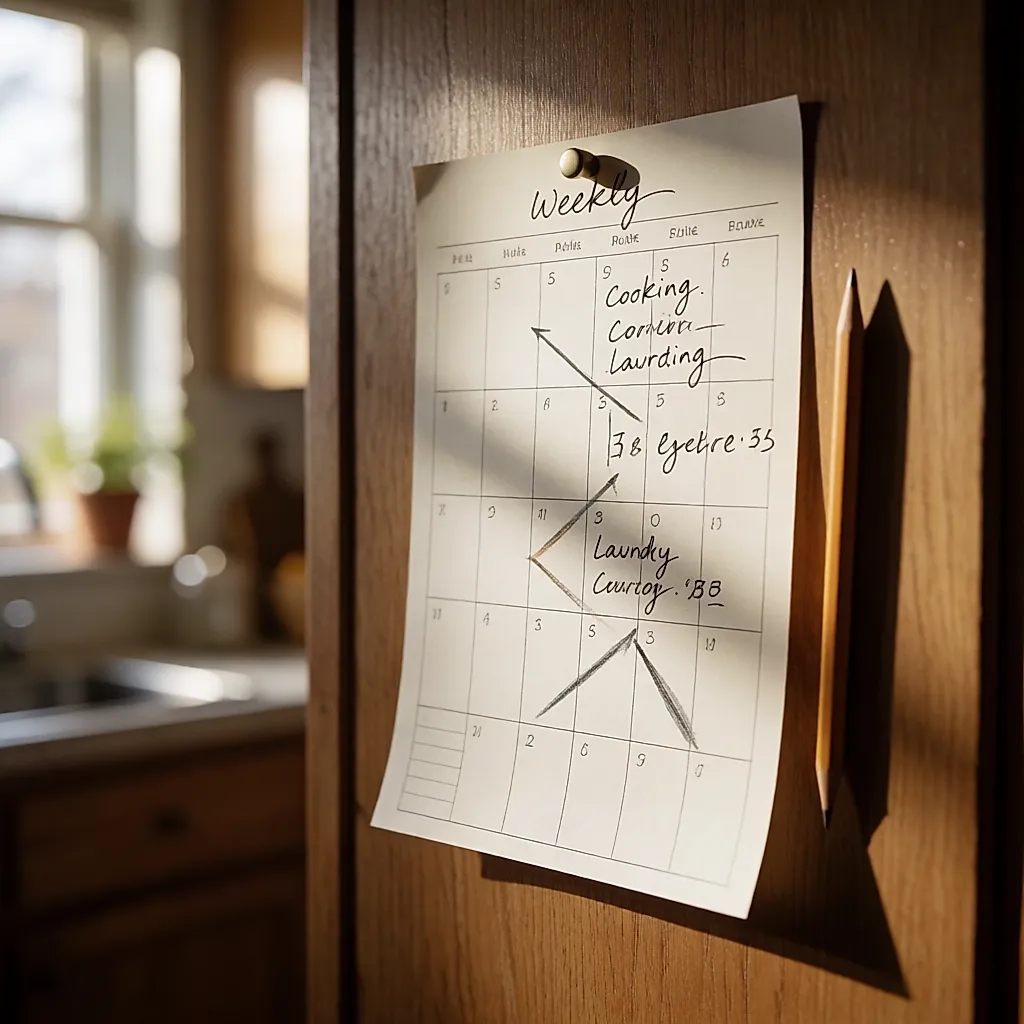 Calendrier hebdomadaire manuscrit notant les horaires de cuisson, de lessive et de recharge