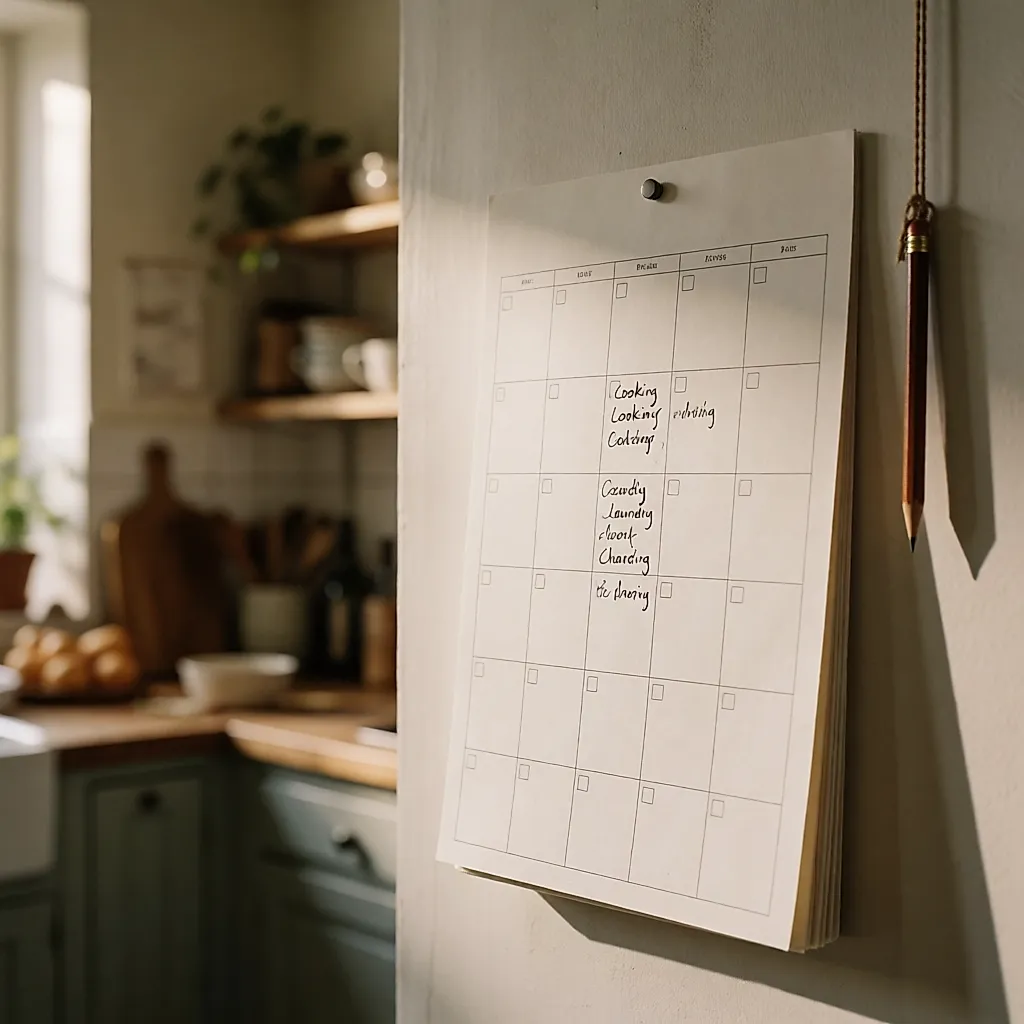 Calendrier hebdomadaire notant les horaires de cuisson, de lessive et de recharge