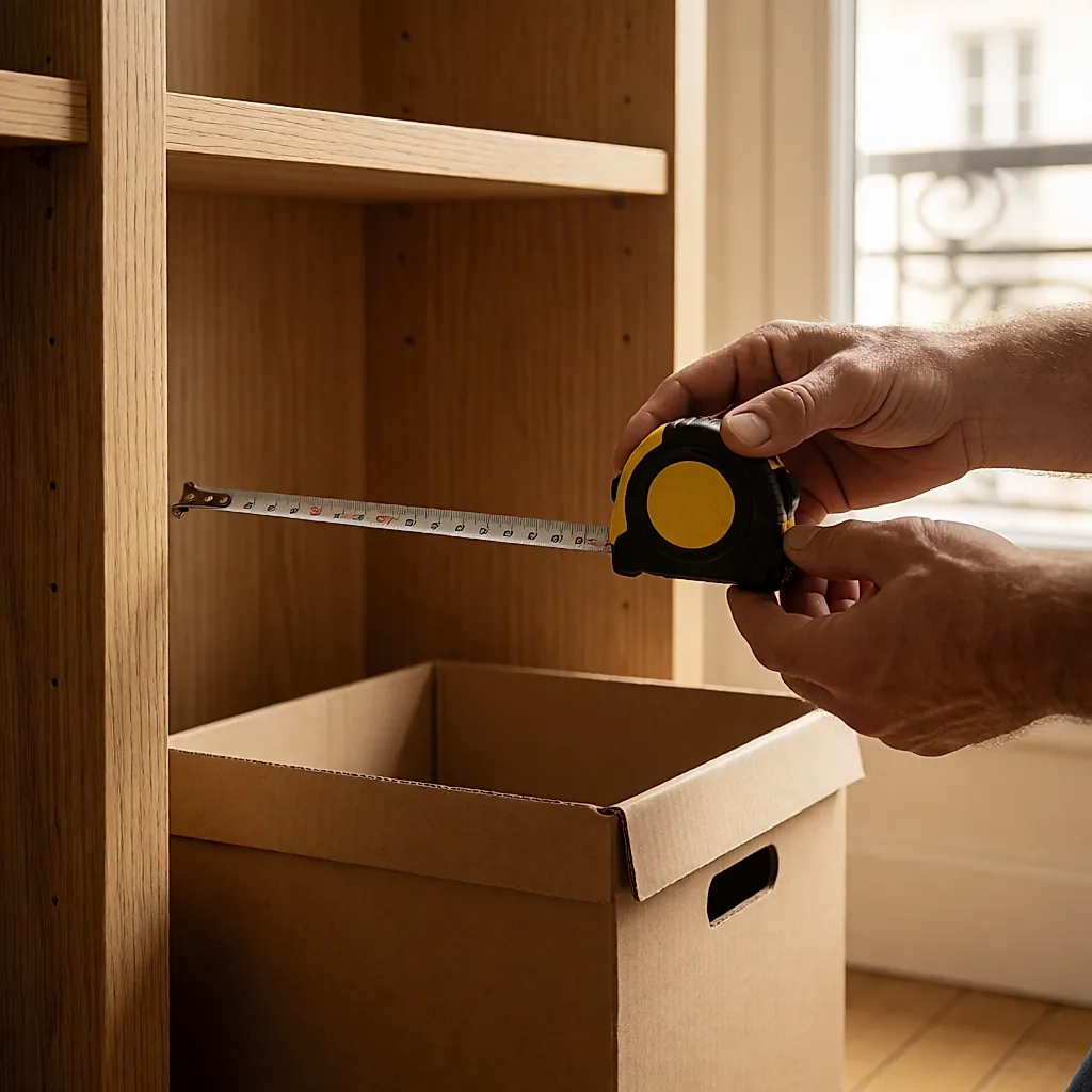 Un mètre ruban mesure la profondeur intérieure d'une étagère avant l'achat d'une boîte