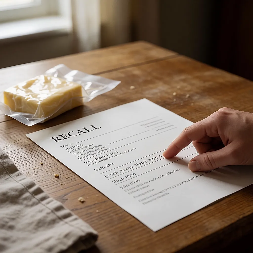 Doigt suivant la ligne du numéro de lot sur une fiche de rappel posée près d'un produit emballé