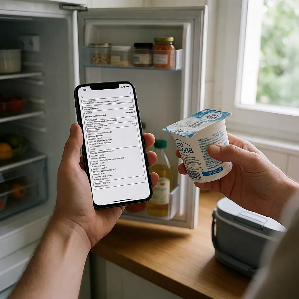 Comparaison du numéro de lot d'un pot avec une liste de rappels consultée sur téléphone devant le réfrigérateur ouvert