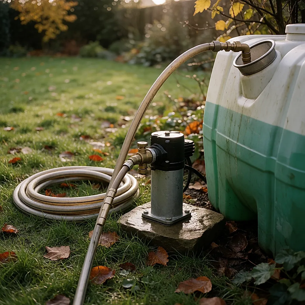 Pompe de surface auto-amorçante près de la cuve, clapet anti-retour et crépine visibles