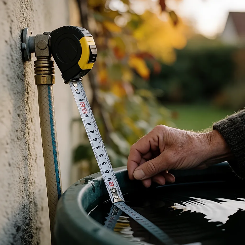 Mains mesurant la hauteur entre l'eau de la cuve et le point de sortie le plus haut
