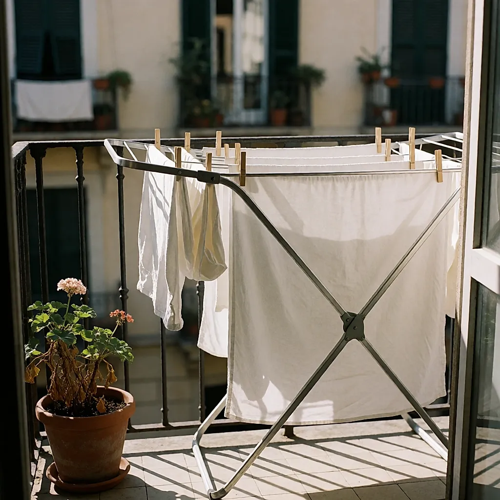 Étendoir pliant en aluminium installé sur un balcon avec des draps accrochés