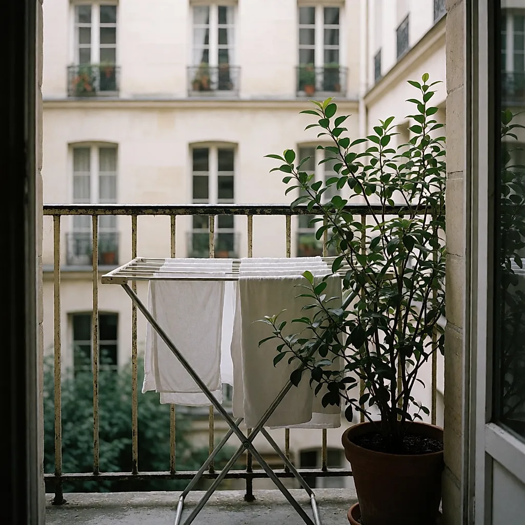 Étendoir bas placé derrière le garde-corps d'un balcon, partiellement masqué par une plante en pot