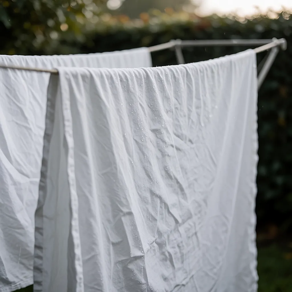 Draps humides couverts de rosée sur un étendoir extérieur par matin d'octobre