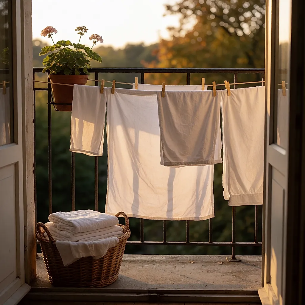 Linge blanc séchant sur un étendoir bas en fin de journée dorée