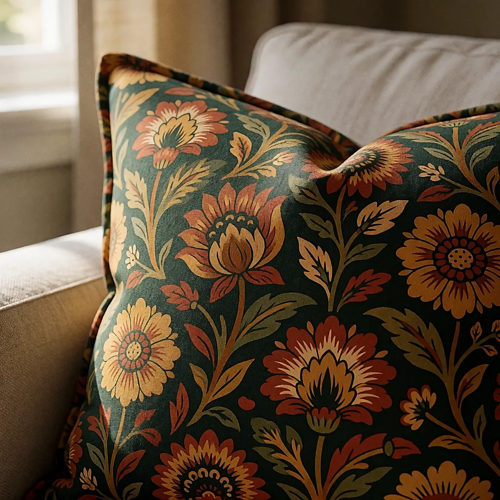 Gros plan sur un coton épais imprimé d'un motif floral folklorique dense sur fond vert forêt