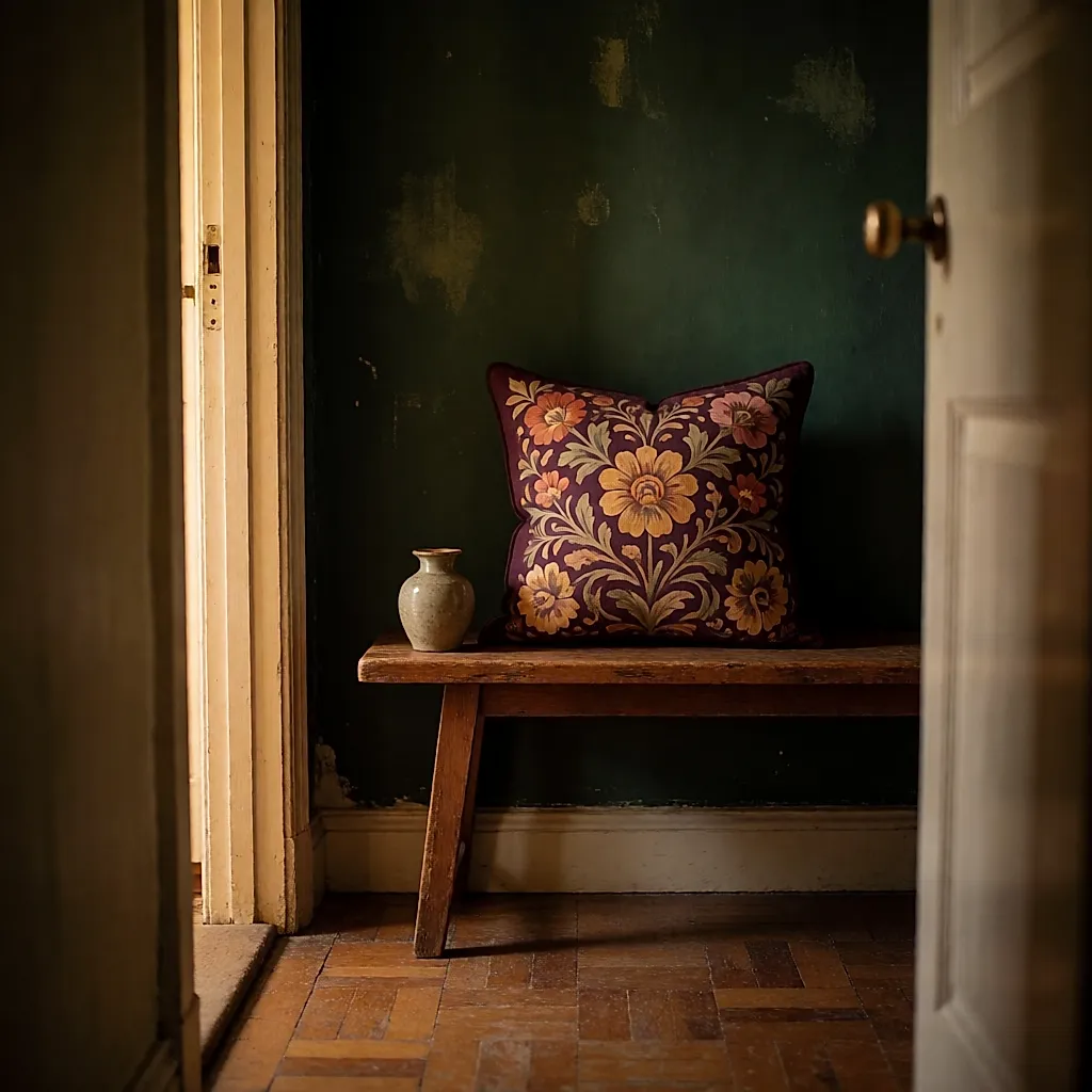 Coussin floral folklorique posé sur un banc en bois dans un couloir sombre