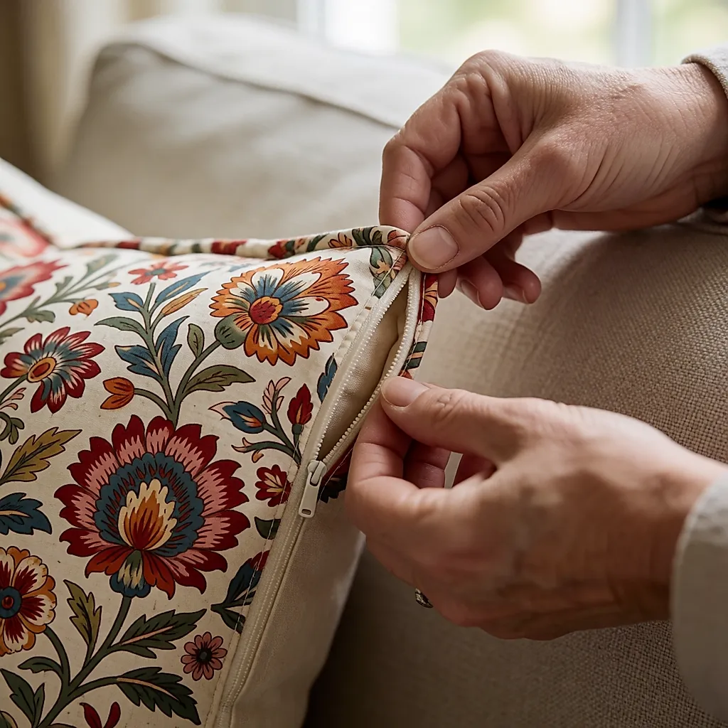 Mains ouvrant la fermeture invisible d'une housse de coussin en coton imprimé