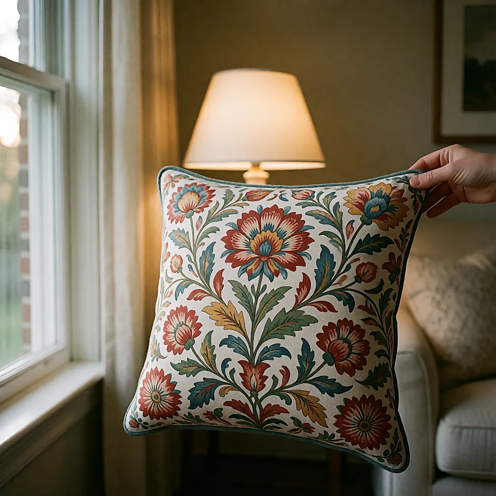 Coussin floral folklorique présenté près de la fenêtre puis observé sous la lampe du soir