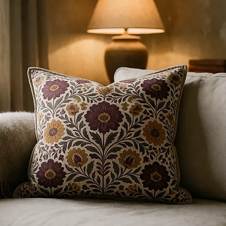 Textiles d'automne : choisir un floral folklorique dense sur fond sombre pour réchauffer le salon