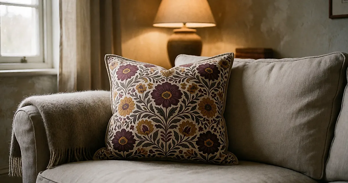 Textiles d'automne : choisir un floral folklorique dense sur fond sombre pour réchauffer le salon