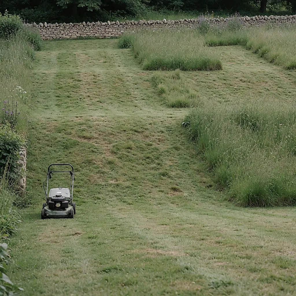Pelouse en pente avec herbe irrégulière et tondeuse stationnée en bas